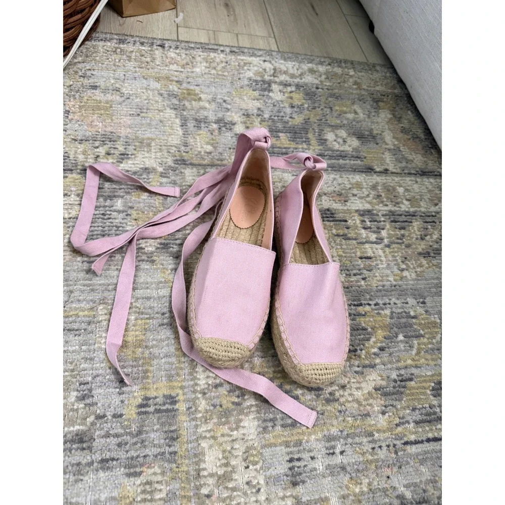 J.Crew Pink Canvas Lace Up Espadrille Flats Ankle Tie Shoes Womens 6